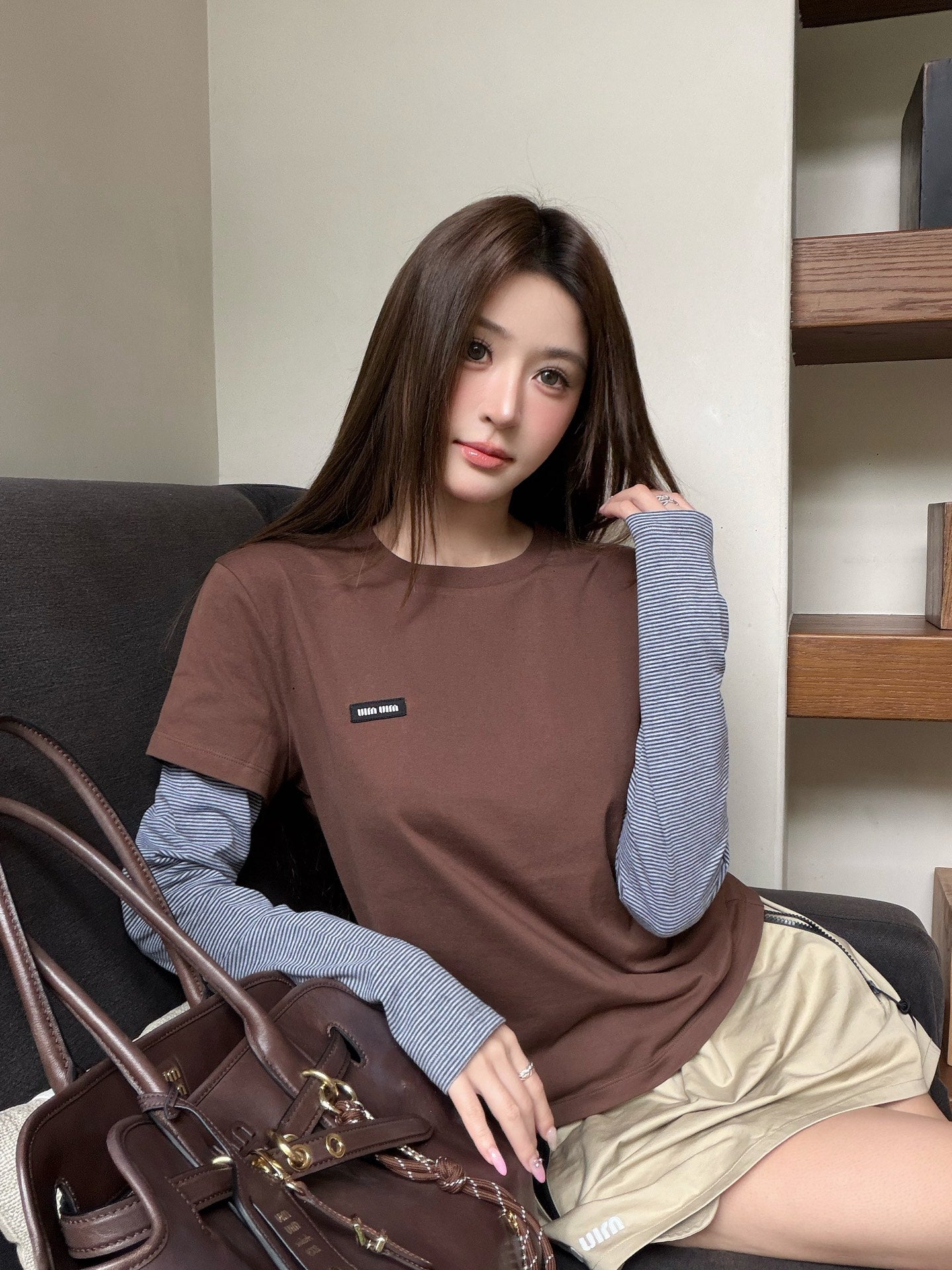 2026 Women's GS Logo Striped Fake Two-Piece Long-Sleeved (FF798)